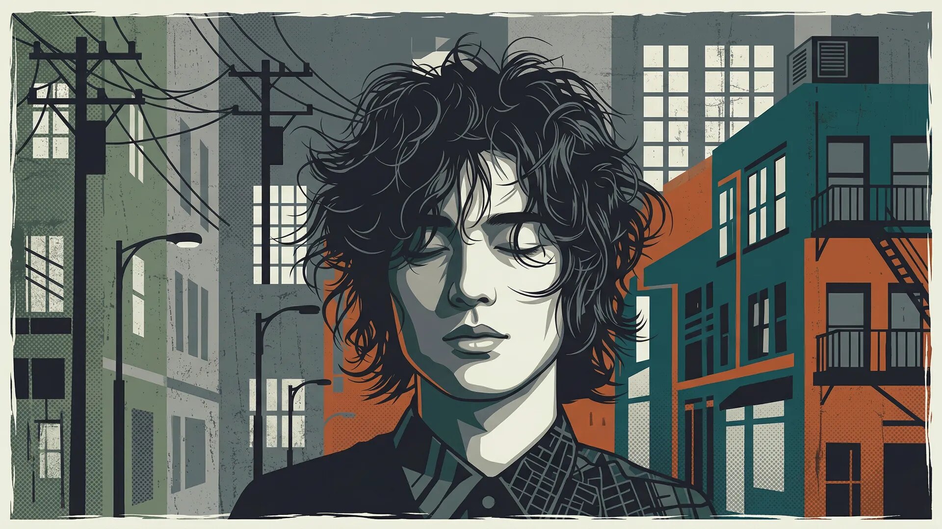 大阪・関西の歌手オーディションと音楽プロデュースをイメージした、都市の街並みにたたずむアーティストのイラスト